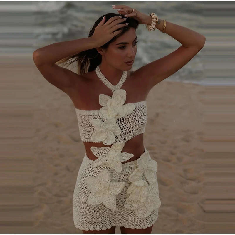 2024 Spring/Summer Elegant Beach Knitted Flower Women's Mini Dress 8