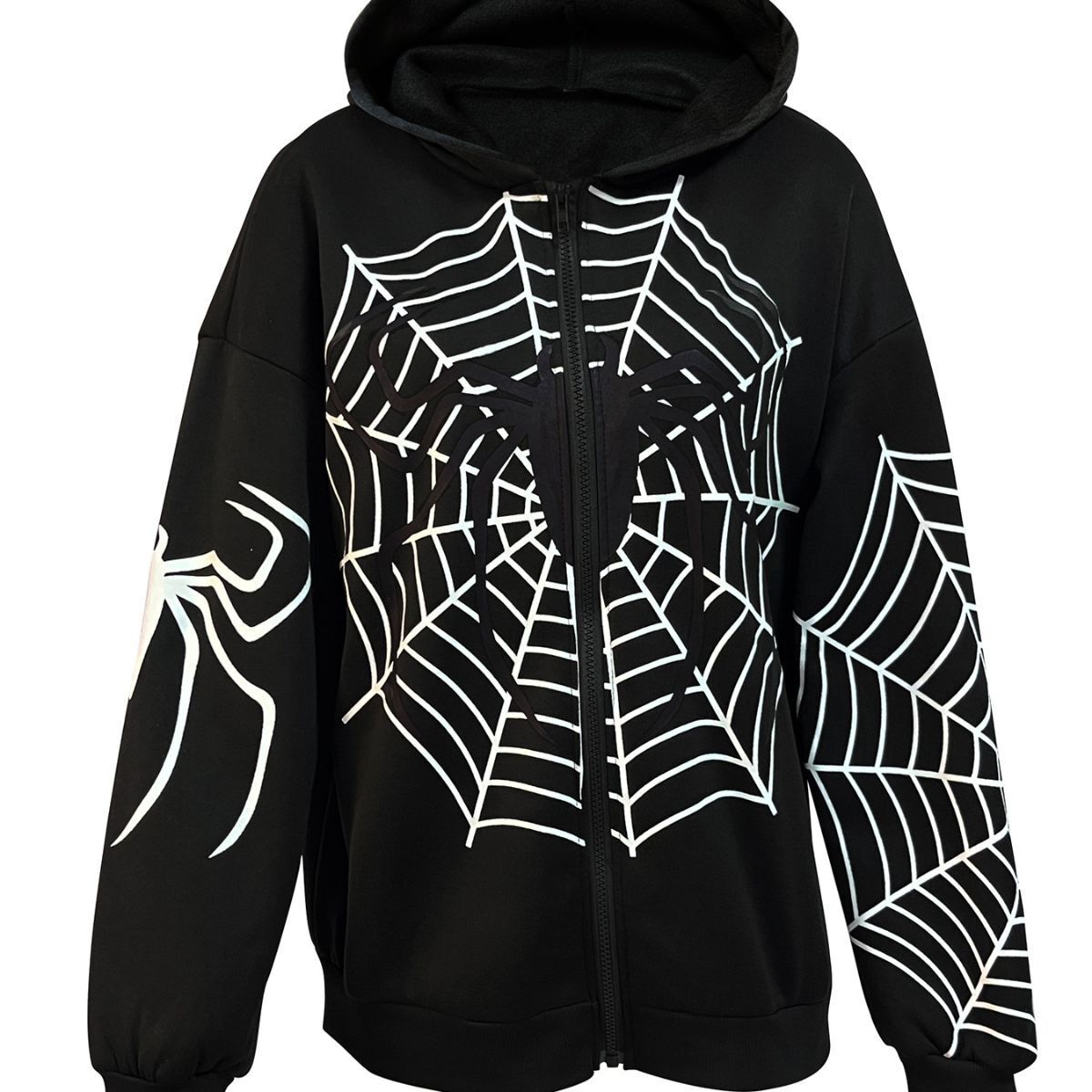 EZwear Plus Spider Web Print Zip Up Drop Shoulder Hoodie Loose Y2K Casual hooded