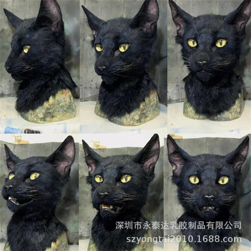 Black cat mask and hair Halloween costume party animal head rubber latex facial 240906