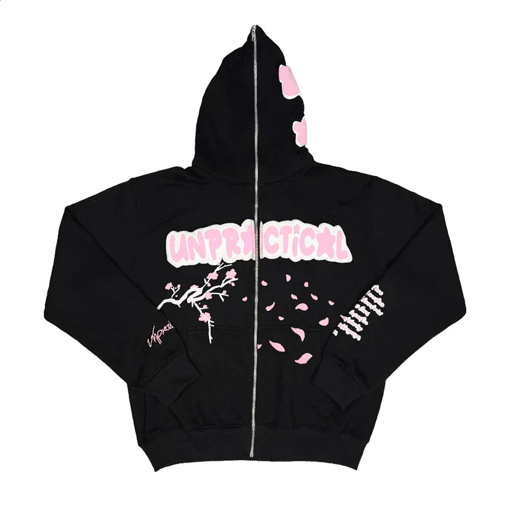 Winter romantic cherry blossom letter pattern loose zipper hoodie y2k street Japanese niche clothing casual long-sleeved jacket 240905