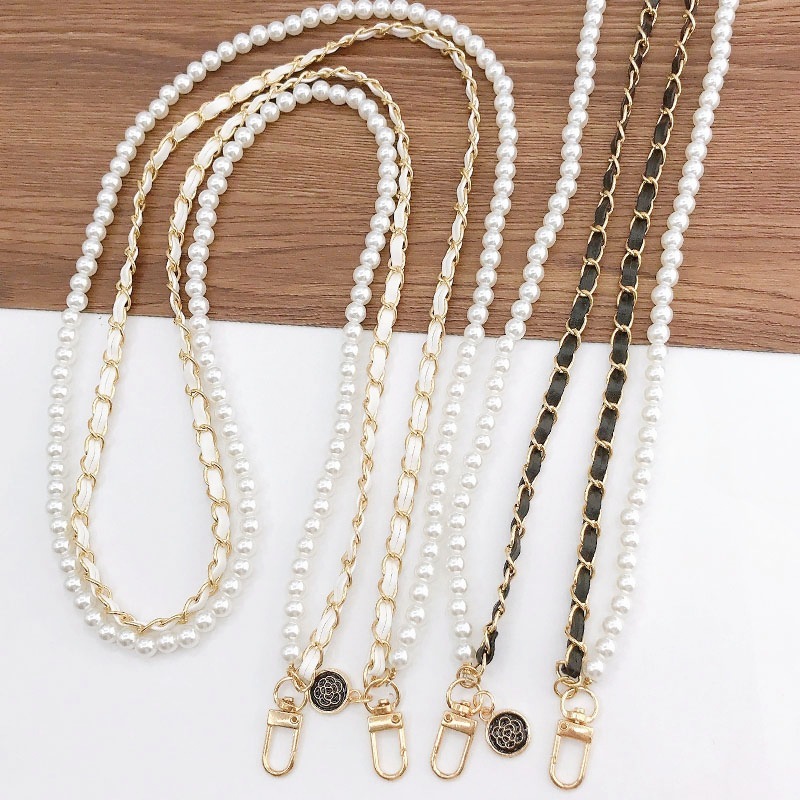 Yilian's new small fragrant style pearl diagonal cross leather rope phone case accessory hanging chain anti fall single shoulder strap