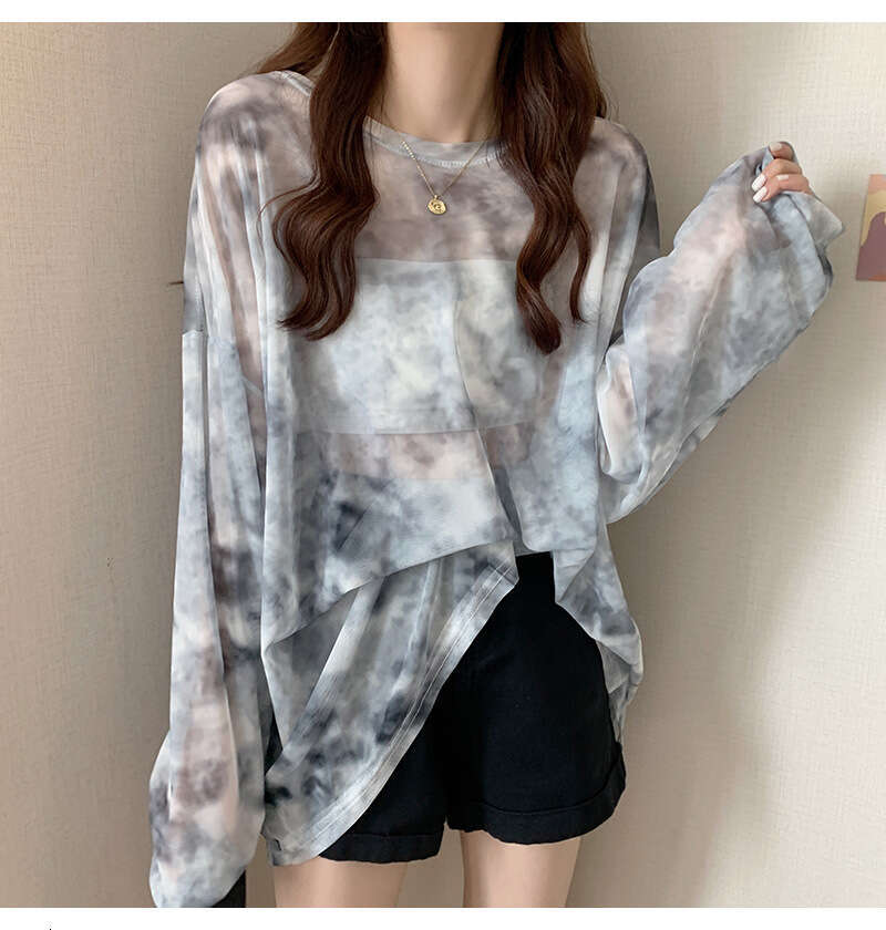Mesh Sunscreen Clothing Summer New Leisure and Casual Printing Pullover Long sleeved Womens T-shirt Top Perspective