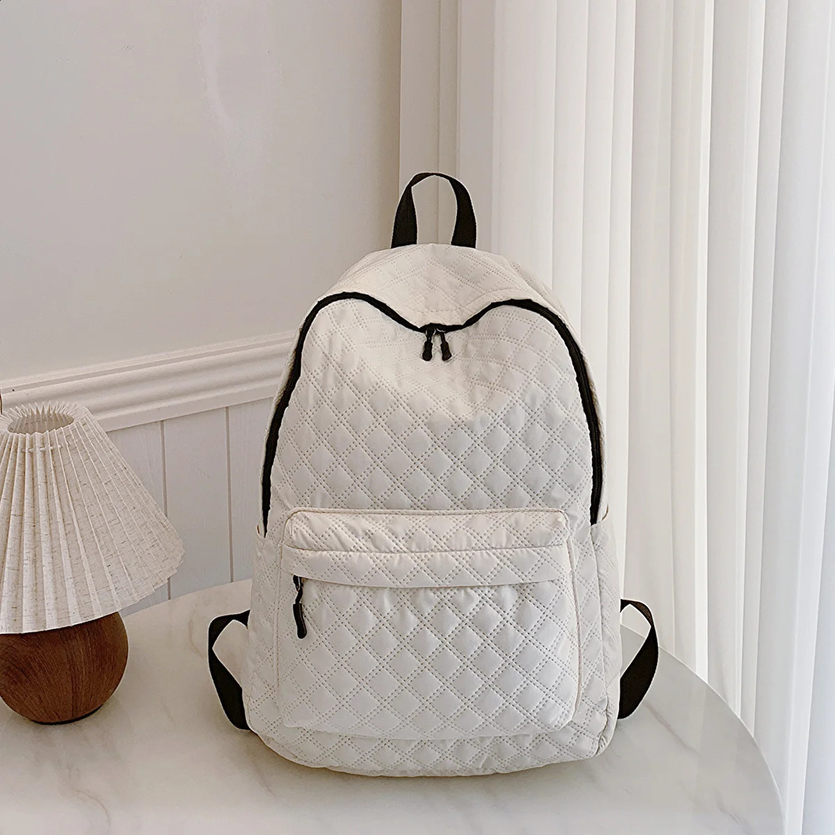 Stylish Simple Zipper Clre Solid Color Rhombus Backpack 240906