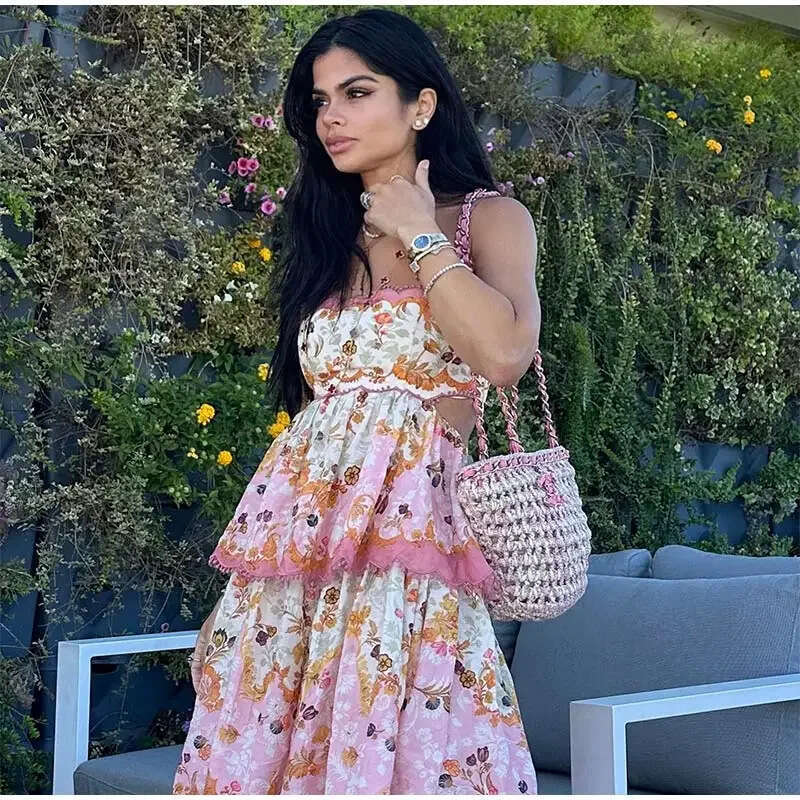 2024 Women's Dress Personalized Street Ruffle Printed Cake Sleeveless Backless Strap Skirt 8