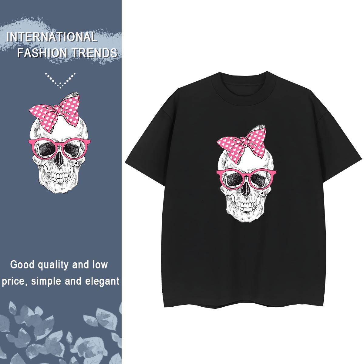 TOP Quality T-Shirts for Women 230g Pure Cotton Short Sleeve O-Neck Daily Wear skull Couples T Shirts Female DIY Anime Printed Clothes Shirt