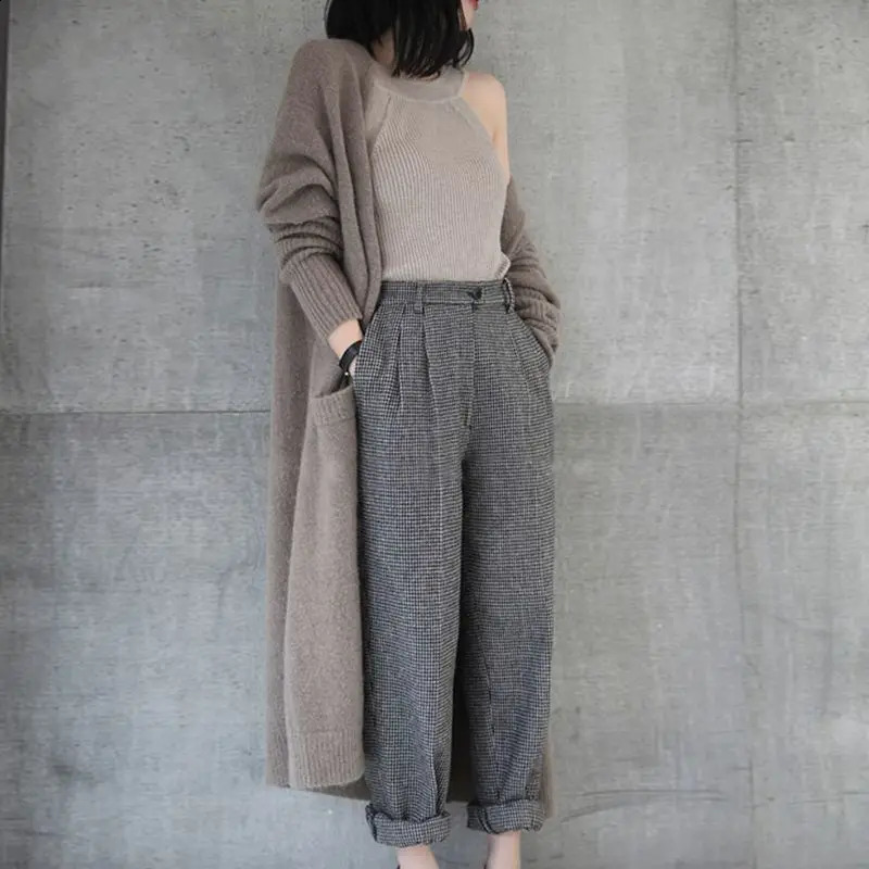Womens elegant long cardigan Korean loose sweater sleeved knitted top winter thick casual jacket 240906