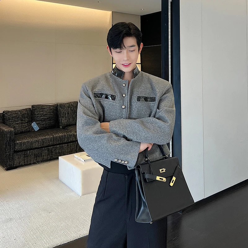 Retro mens jacket wool patch PU leather frame collar long sleeved fashionable warm casual crop 240904