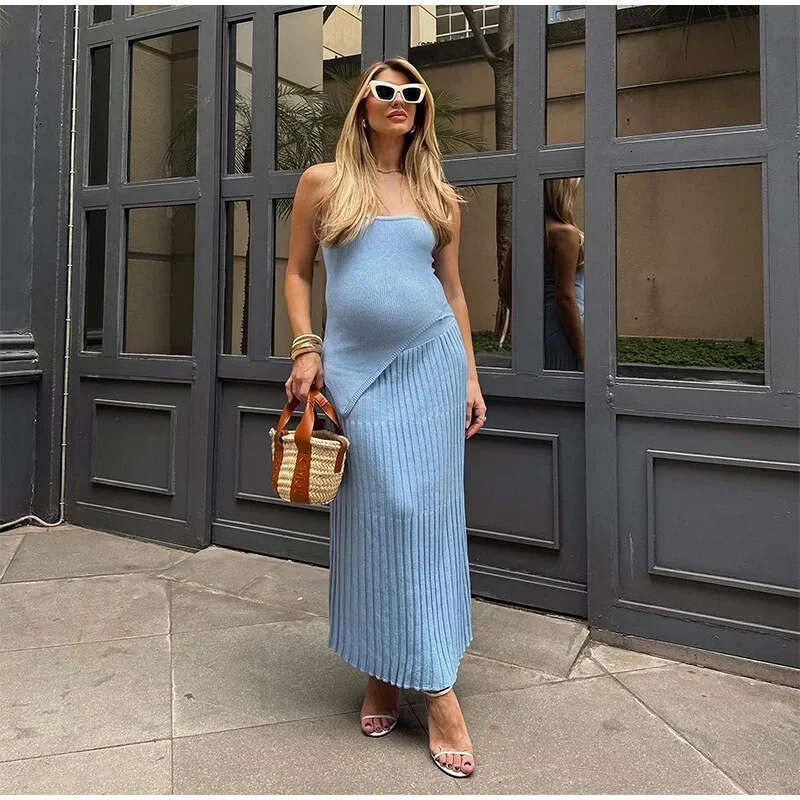 2024 Spring/Summer Women's Dress Elegant Solid Color strapless backless Top High Waist Skirt Set 8