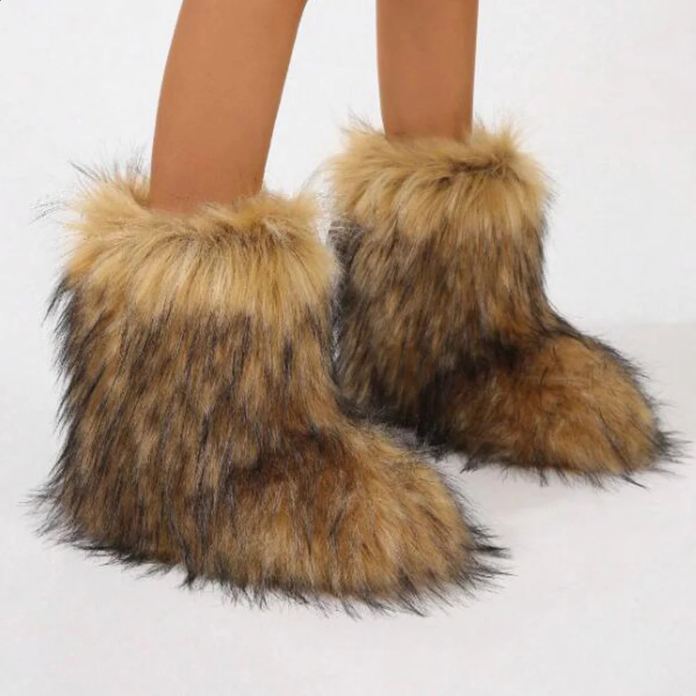 Womens winter fluffy faux fur mid calf snow boots Y2K fashionable warm womens shoes outdoor 240907