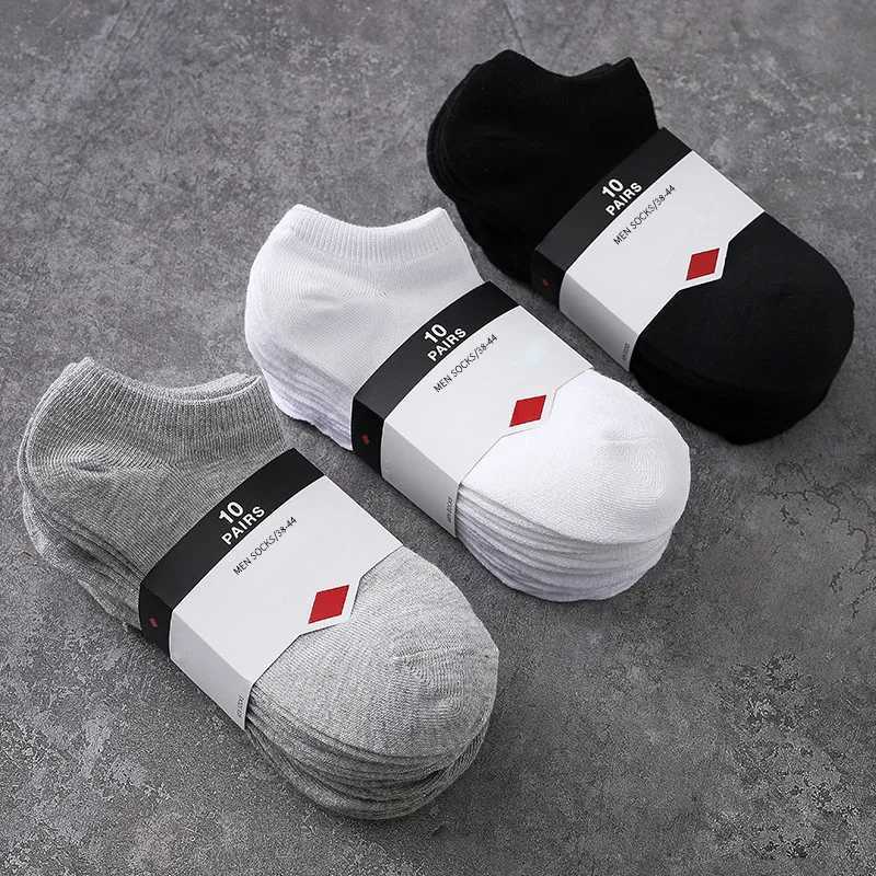 10 pieces=5 pairs of mens breathable sports socks solid color boat socks comfortable cotton ankle socks white and black mens socks W240905