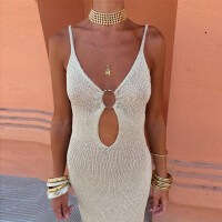 2024 spring/summer women's with elegant temperament, metal ring link hollow backless dress 8