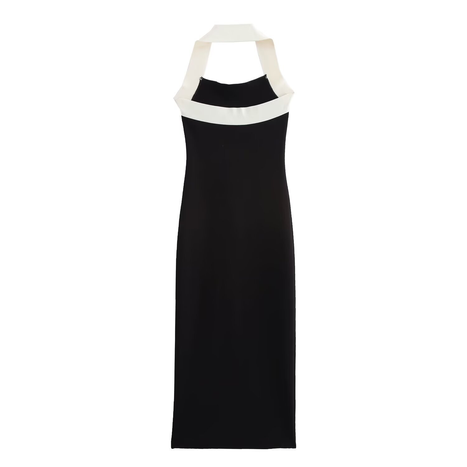 New Womens Dress with Elastic Flute Knitted Collar Enchanting Style Autumn Color Contrast Hanging Neck