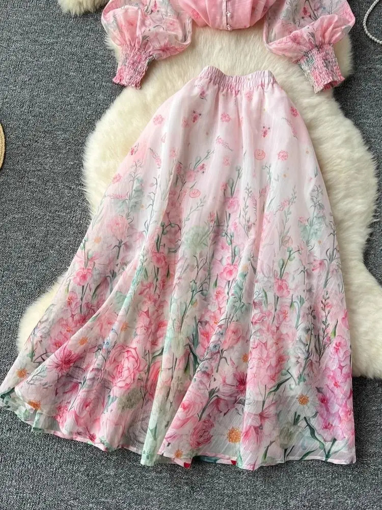 Summer Holiday Organza Gorgeous Flower 2-piece Womens Long Lantern Sleeve Shirt and Elastic Waist A-line Skiwear 240907