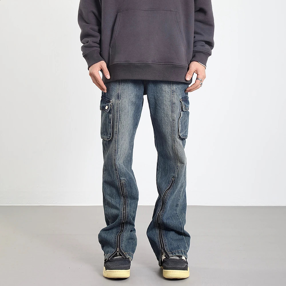Commodity jeans mens large pocket straight leg bag street casual fashion autumn blue retro clothing winter 240904