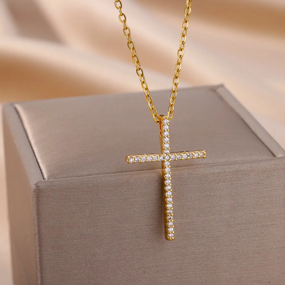 Zircon Cross Pendant Necklace Womens Gold Stainless Steel Necklace 2024 Trend Gothic Party Wedding Jewelry Gift 240906