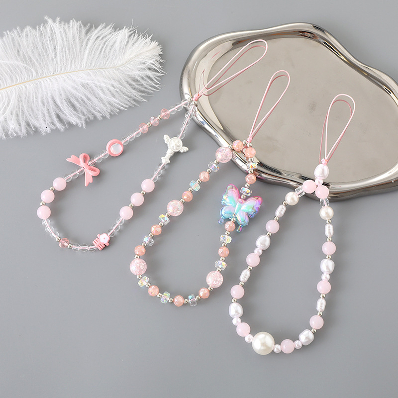 New style fresh and sweet bow pink series handmade bead mobile phone hanging rope chain decoration