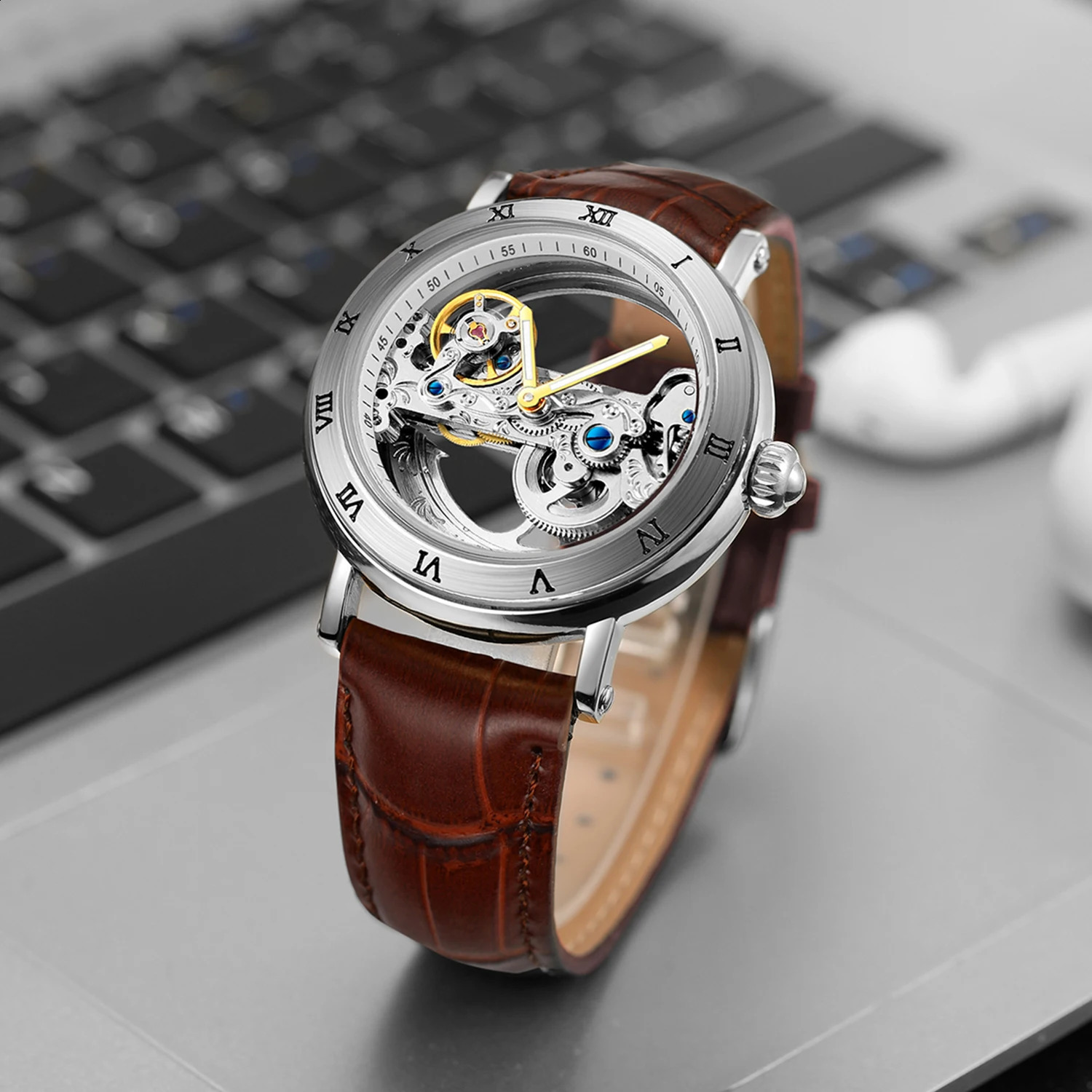 Vintage Mechanical Watches Golden Bridge Skeleton Automatic Mens Watch Genuine Leather Belt Carved Movement Luminous Hand 240906