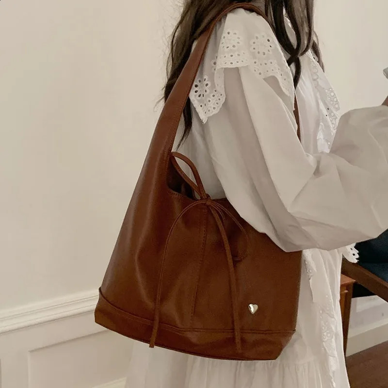 Chic Sweet Simplicity Tote Bag Women Elegant Solid Color Series Bow Shoulder Bag Portable Large Capacity Bag 241224