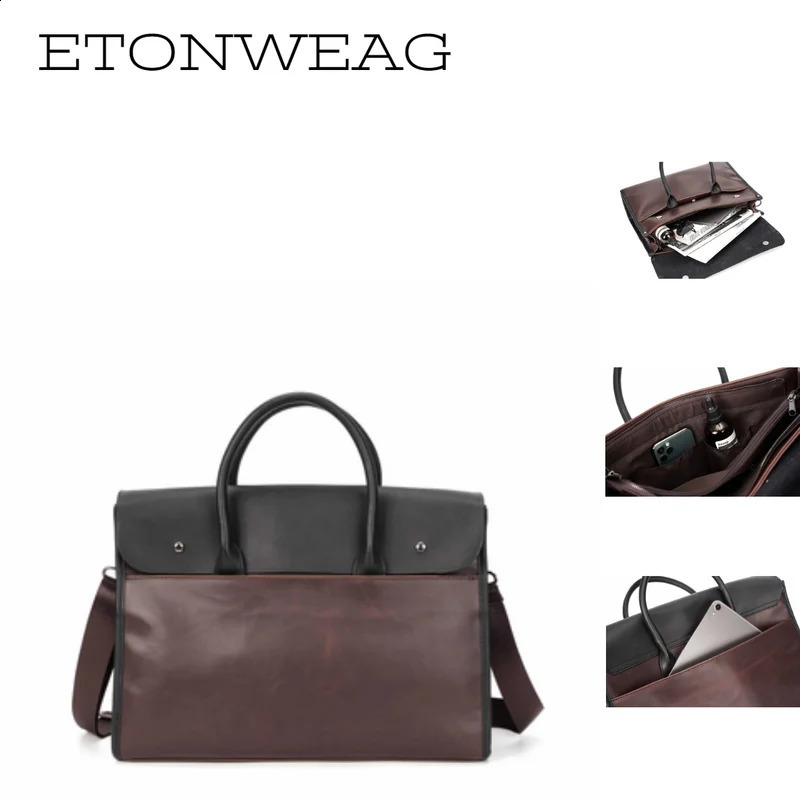 Mens briefcase tote bag mens shoulder PuCrazy Horse leather Korean messenger office large capacity laptop 240906