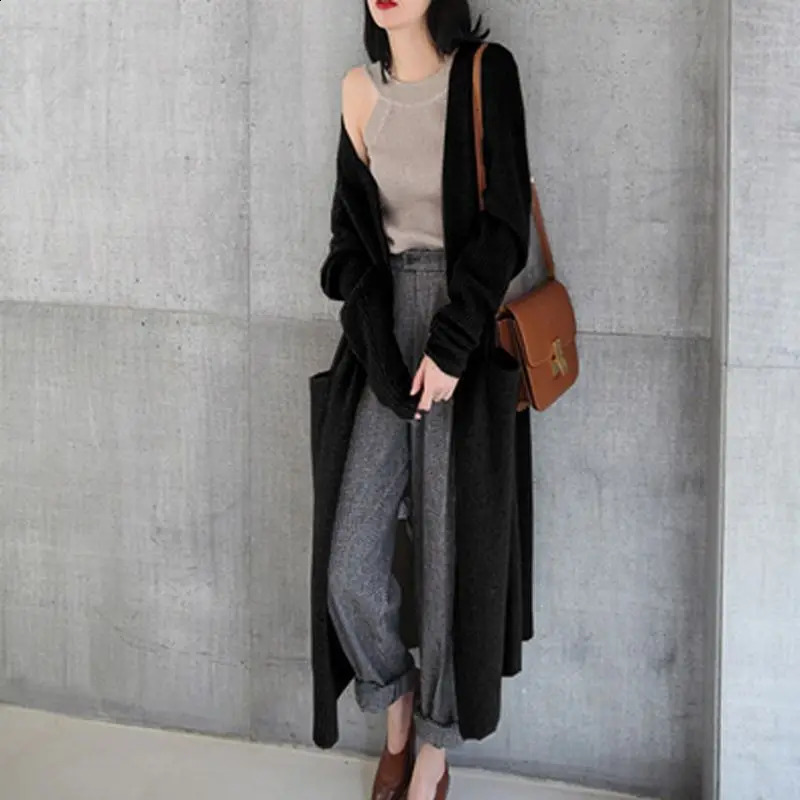 Womens elegant long cardigan Korean loose sweater sleeved knitted top winter thick casual jacket 240906