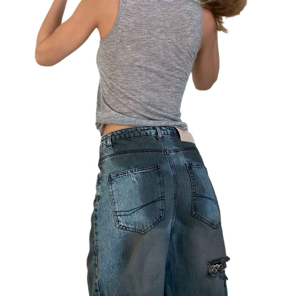 Cut through personalized denim pants, ripped holes, tassels, blue straight leg, loose jeans, street style, rebellious mom, fighting clothing
