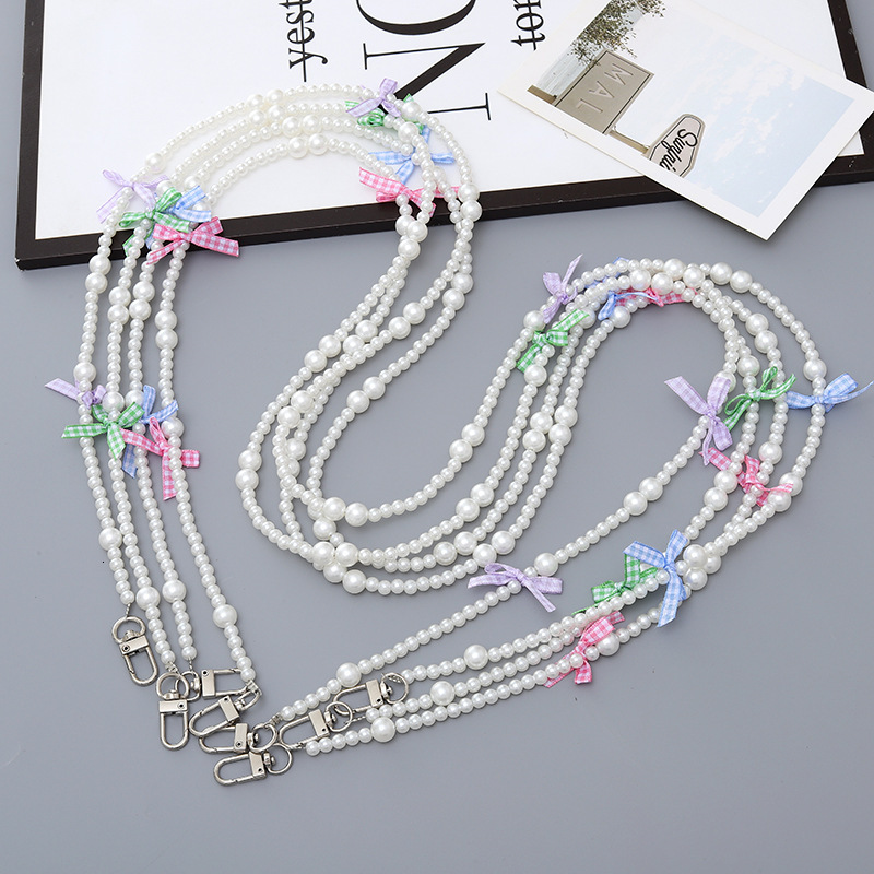 Ins Fashion New Girl Sweet Pearl Bow Beaded Crossbody Phone Rope with Back Chain Hanging Ornament