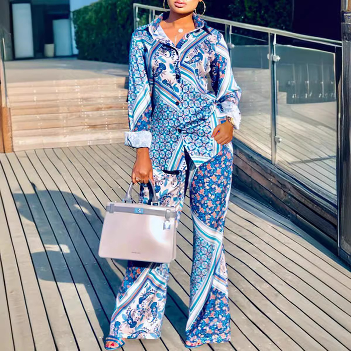 2024 Fall Fashion Womens Tracksuit Printed 2 Piece Set Women Long Sleeve Shirt Top Loose Straight Leg Pants Sets For Women Outfits