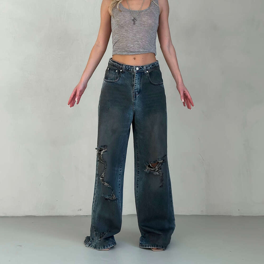 Cut through personalized denim pants, ripped holes, tassels, blue straight leg, loose jeans, street style, rebellious mom, fighting clothing