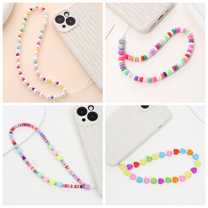 Yilian's new colorful heart-shaped bead chain, phone case pendant, fall and anti loss short hanging rope gift for women