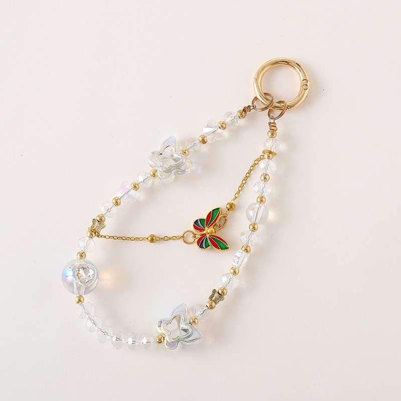 Creative new crystal bead ins versatile alloy butterfly pendant double chain mobile phone lanyard for women