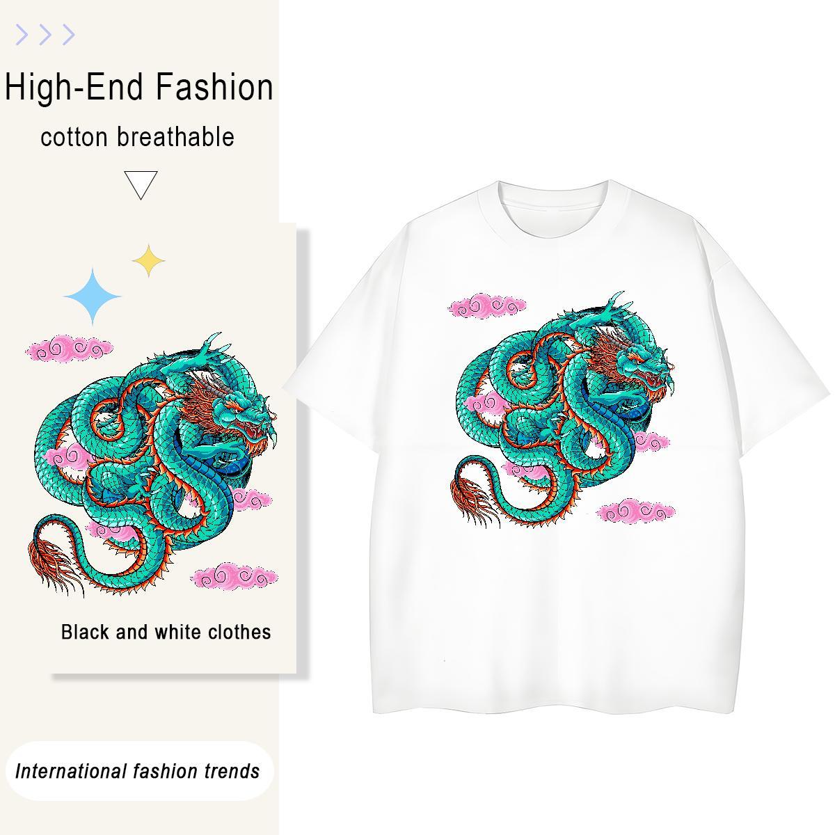 2024 Casual T Shirt For Woman 100% Cotton 230g O Neck Short Sleeves Street Wear dragon Unisex Tshirts Loose Custom Cartoon Tee Shirt
