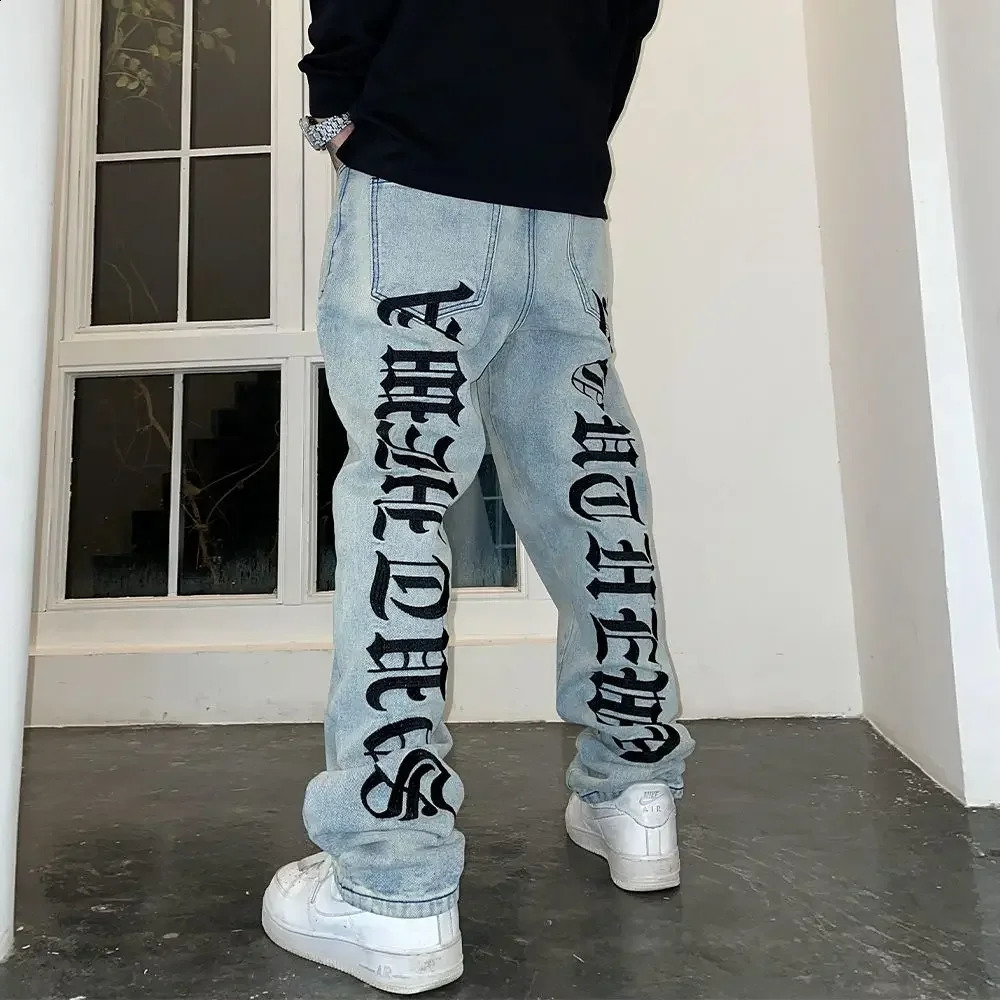 Embroidered straight jeans American style street small straight loose high street trousers trendy men and women 240905