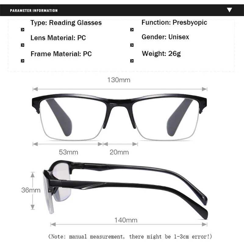 Mens and Womens Ultra Light Square Half Frame Reading Glasses Elders Degree Glasses+0.25 0.5 0.75 1 1.25 1.5 1.75 2.25 2.5 3 W240907