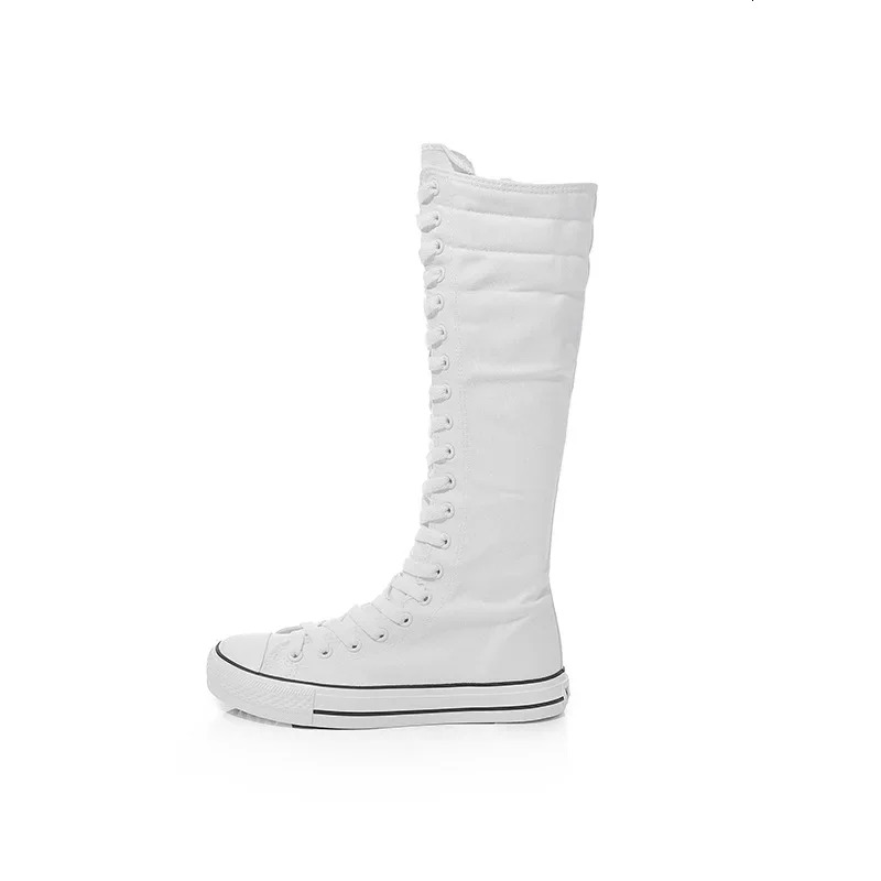 New Women Fashion High Top Flat Canvas Shoes Korean Knee-High Boots Plus Size 42 43 Ladies Dance Shoe