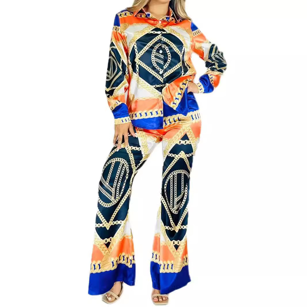 2024 Fall Fashion Womens Tracksuit Printed 2 Piece Set Women Long Sleeve Shirt Top Loose Straight Leg Pants Sets For Women Outfits
