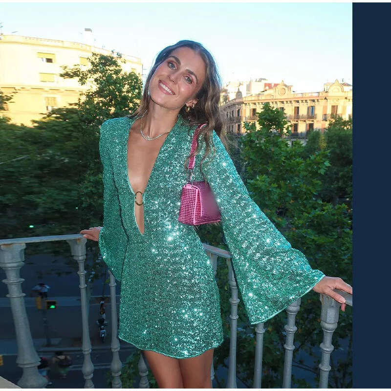 2024 Women's Autumn Personalized Street Sexy Hollow sequin Mini Dress 8