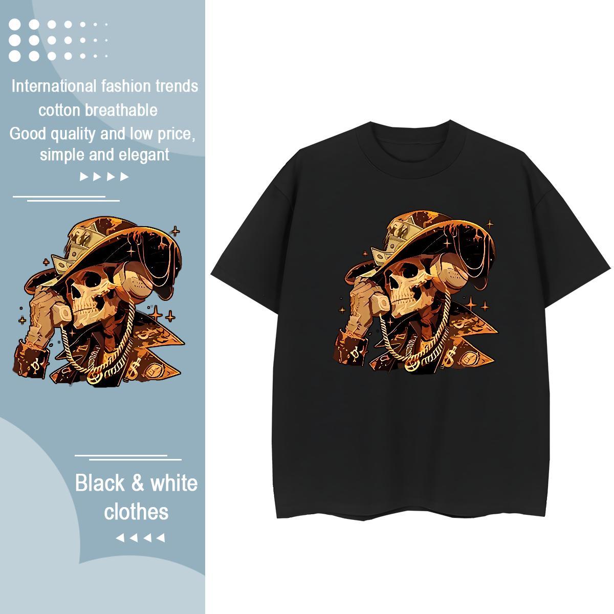 New Women T Shirts 230g Pure Cotton O-Neck Short Sleeve Sports Casual skull Tshirt for Man Woman Popular Anime Oversized Wear