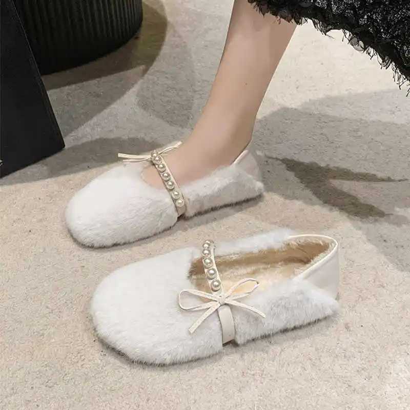 Slippers Bow-Knot Winter Shoes Women Loafers Fur Autumn Round Toe Modis Casual Female Sneakers Slip-on Butterfly Fall New Moccasin 2024 S Y240907L0JK