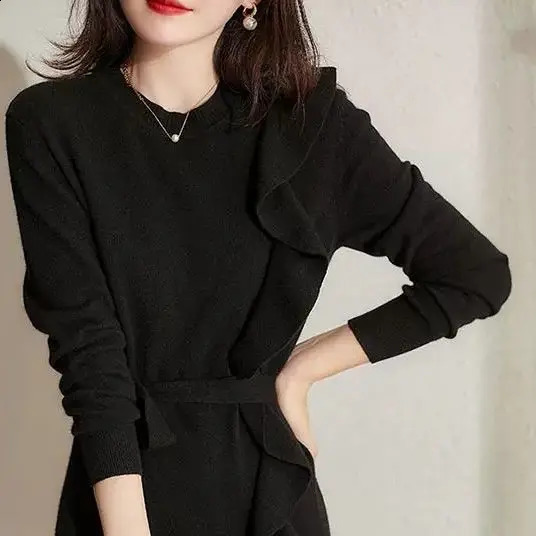 Autumn and Winter Woolen Dress Mid to Long Base Knit Dress Womens Outfit Coat Inner Layer Waist Cinching Skirt 240905