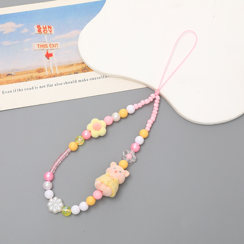 Yi Lian's New Flocking Doll Beaded Mobile Phone Chain Short Hand Case Hanging Rope Small Fresh High Grade Wrist Strap