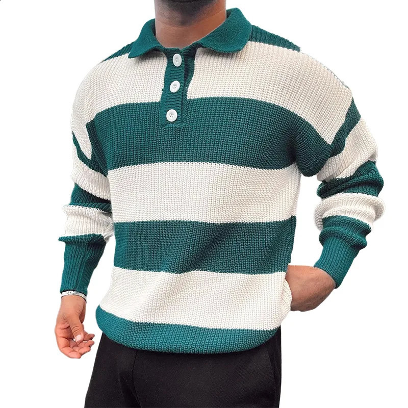 Mens Fashion Striped Button Polo Collar Long Sleeve Pullover Knitted Sweater Mens Casual Slim Fit Sweater Top 240906