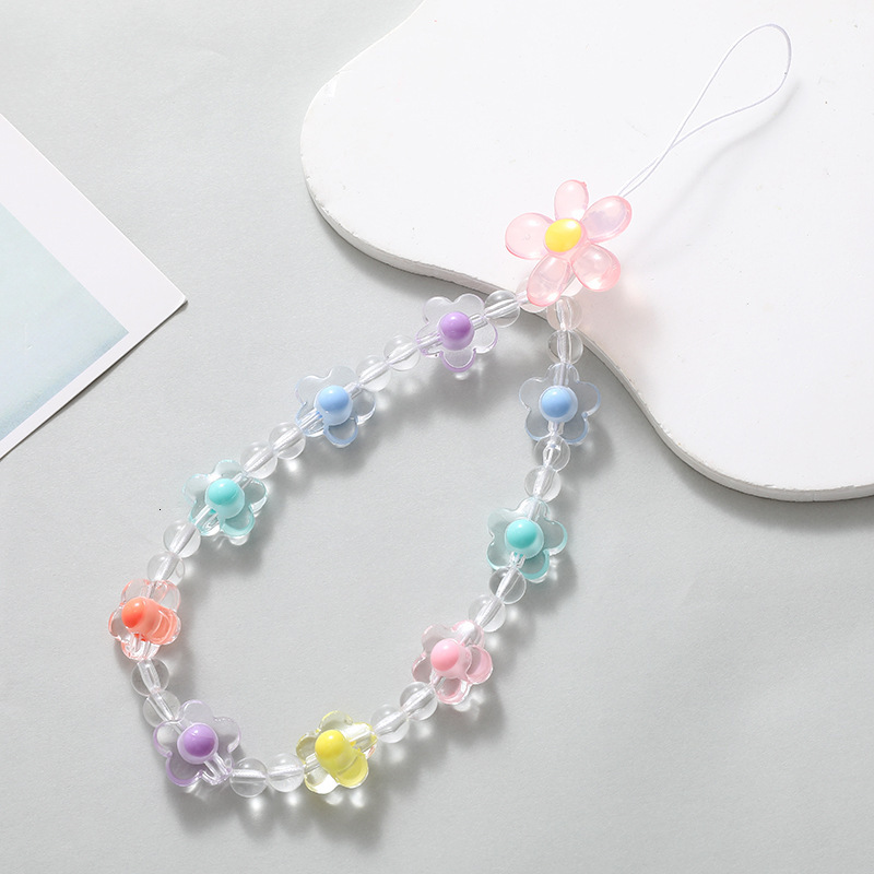 Acrylic flower chain bead mobile phone hanging anti fall wrist strap short hand rope for women