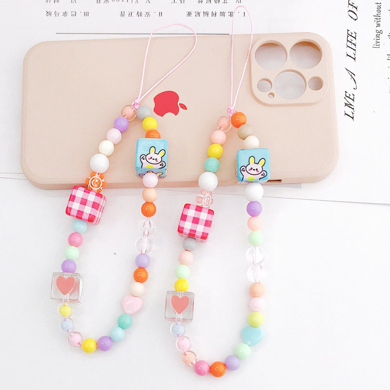 Yilian's new printed block bunny chain short bead phone anti fall hand rope hanging ornament pendant