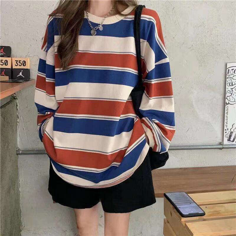 Thai internet celebrity t-shirt womens ins rainbow striped long sleeved top 2024 autumn wear Korean loose bottomed shirt