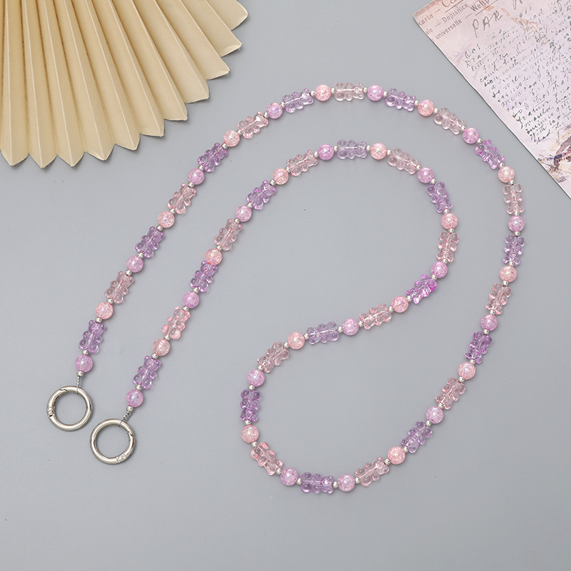 Yi Lian's new pink purple bear crossbody celebrity with the same beaded rope phone case hanging chain jewelry