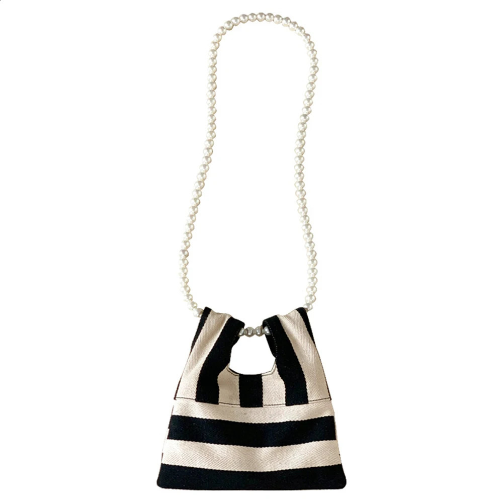 Pearl Striped Canvas Handbag Womens Cute Shoulder Bag Mini Student Diagonal Bag Bead Chain Horizontal Square Inner Bag 240904