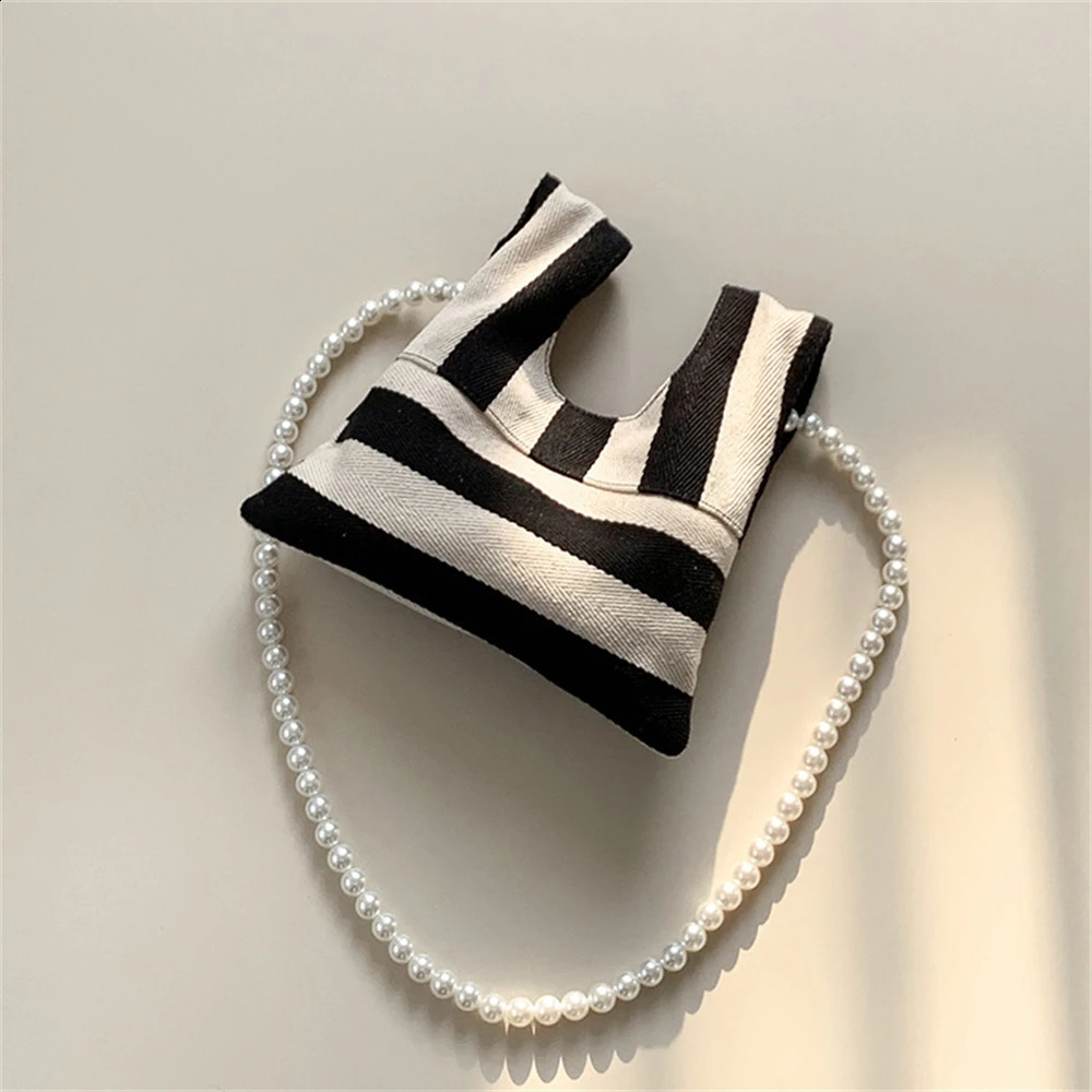 Pearl Striped Canvas Handbag Womens Cute Shoulder Bag Mini Student Diagonal Bag Bead Chain Horizontal Square Inner Bag 240904