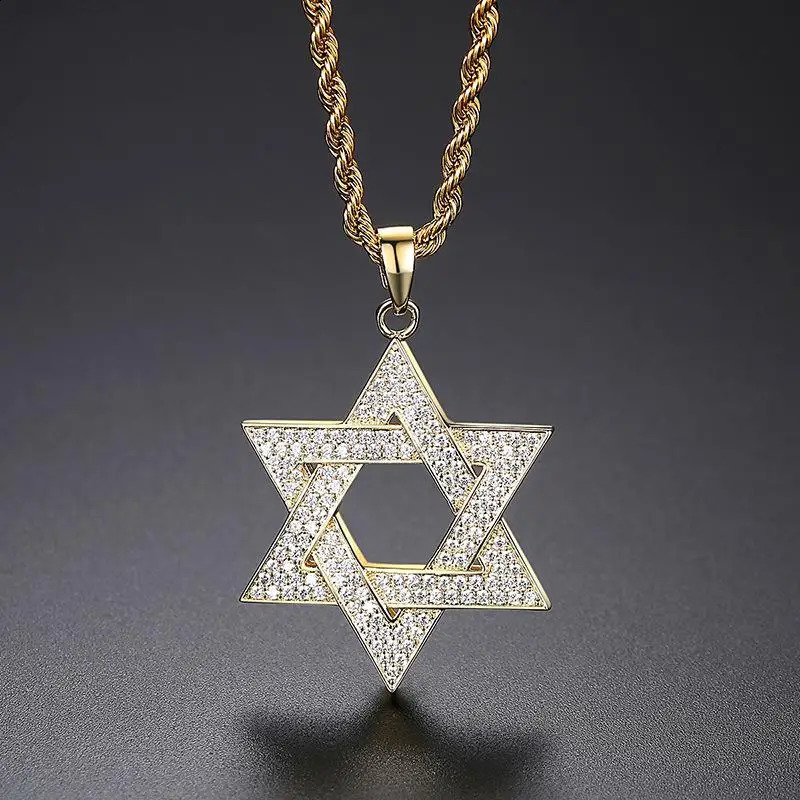 Hip hop mens gold gold-plated jewelry micro spread ice out Cz stone star David pendant hexagonal Israeli Jewish necklace 240906