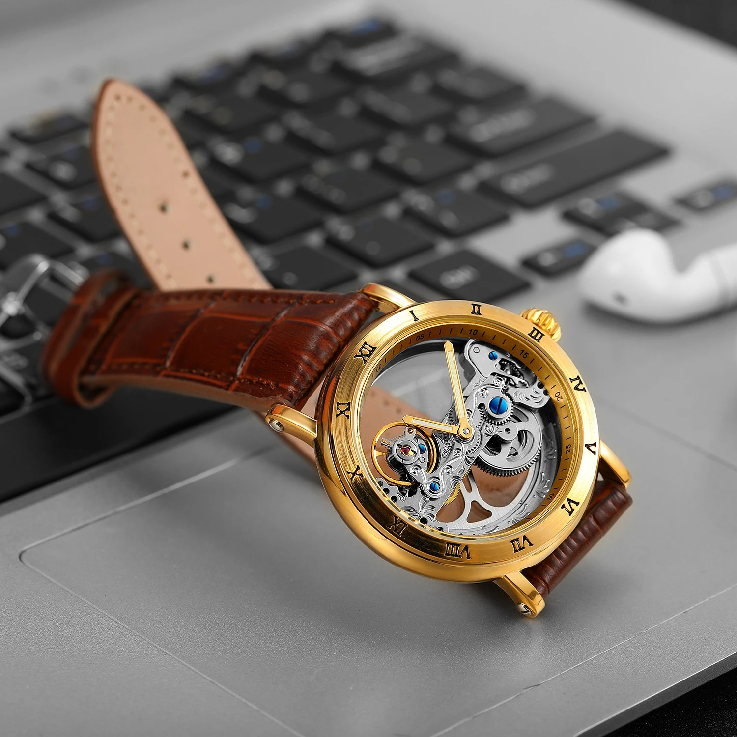 Vintage Mechanical Watches Golden Bridge Skeleton Automatic Mens Watch Genuine Leather Belt Carved Movement Luminous Hand 240906