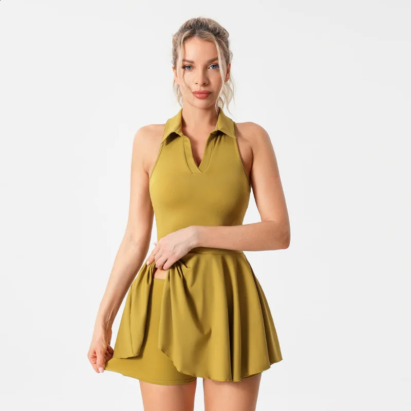 Women Polo Tennis Dress With Chest Pads Shorts Soft High Stretchy Fiess Skorts Tummy Control Yoga Skirts Gym Clothing 240902